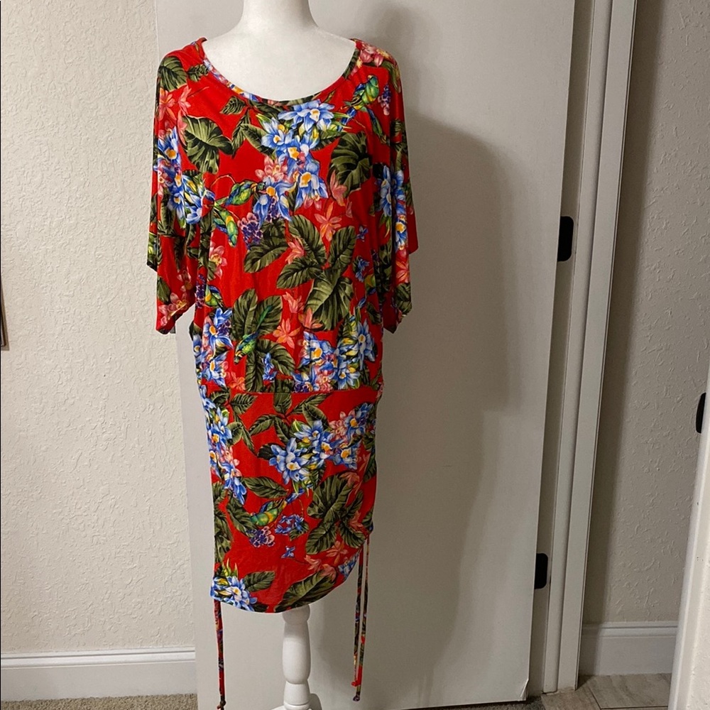 VENUS Red Ruched Midi Dress with Scoop Neck
